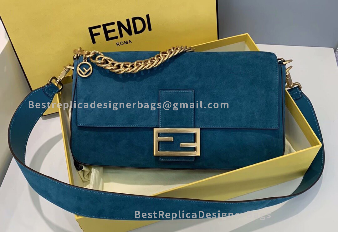 Fendi Baguette Large Blue Velvet Bag GHW 308L